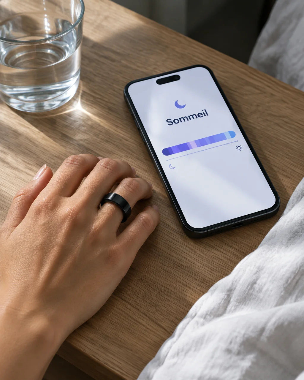 A close photograph over a bedside table at morning: a fair olive hand wearing the black Smart Ringl