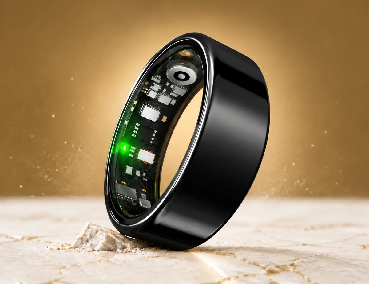 Keep the exact upright ring geometry, scale, three-quarter angle, pale veined stone floor, suspended