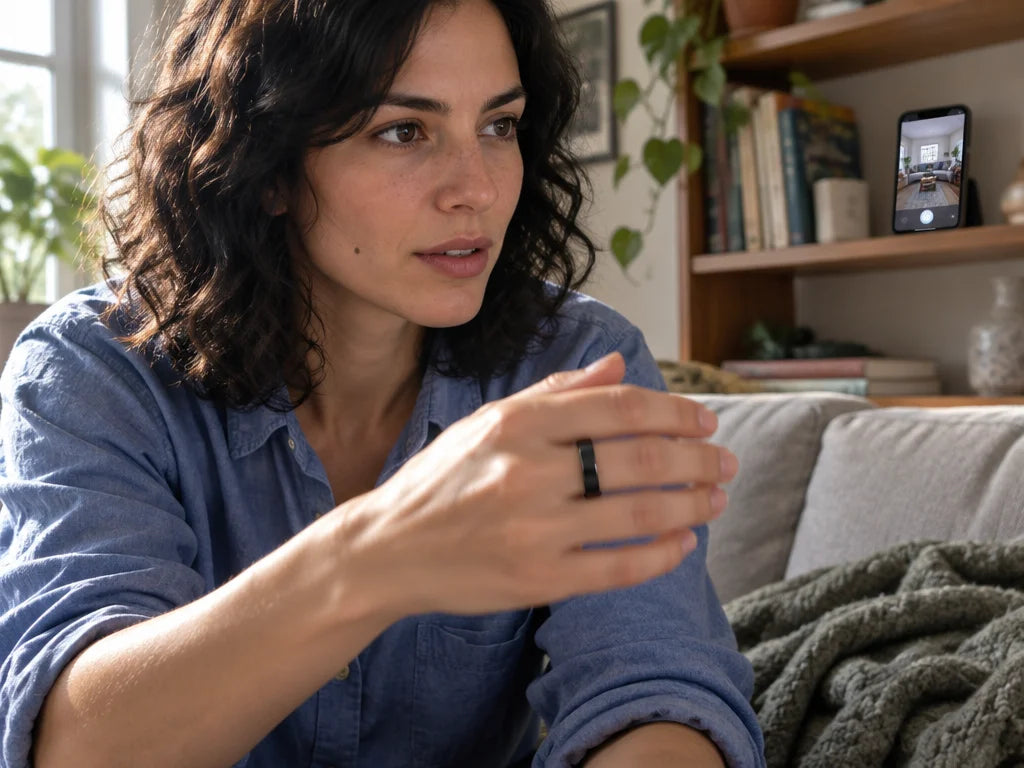 A close photograph in a lived-in living room of Cast A, a 32-year-old French woman with light olive