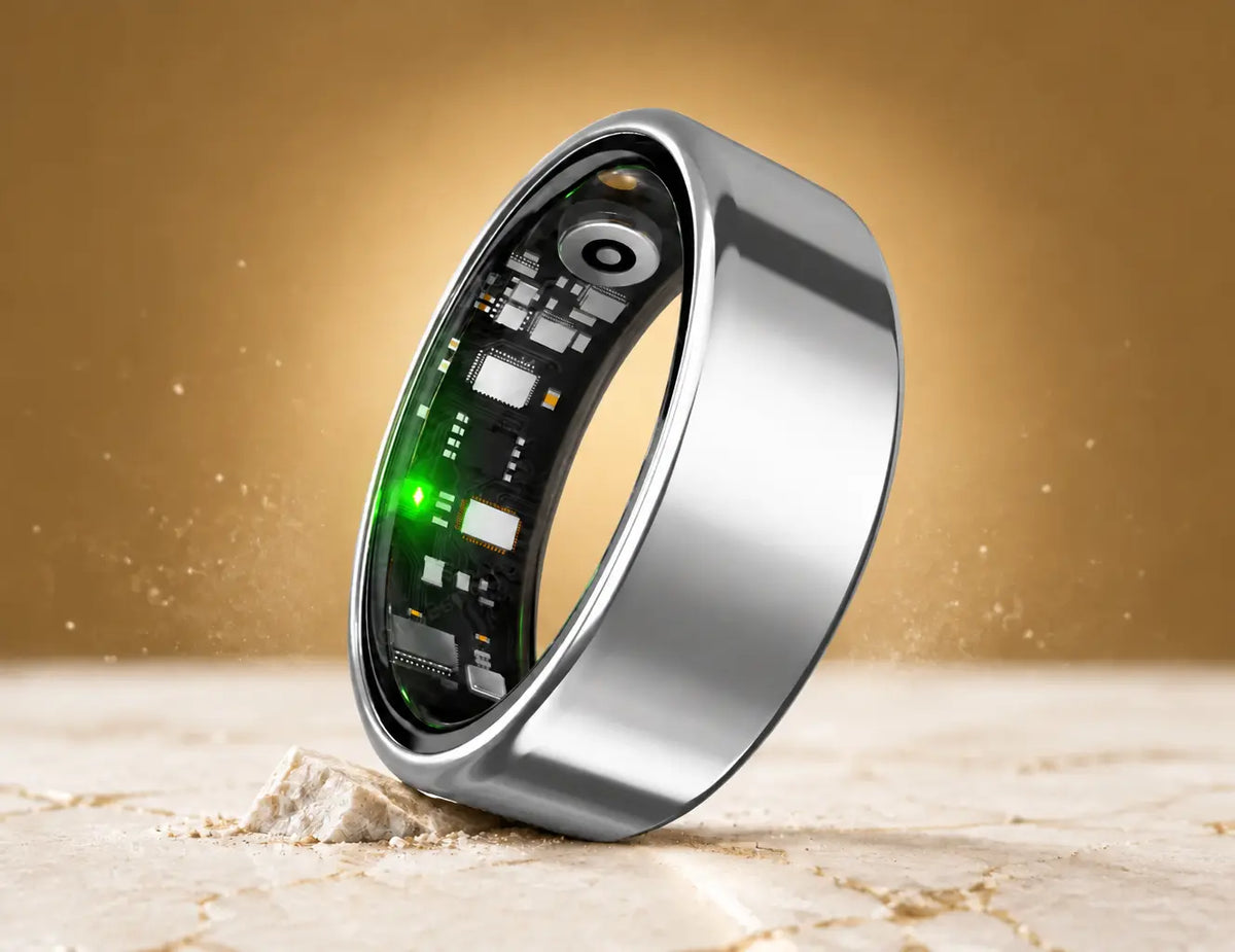 Keep the exact upright ring geometry, scale, three-quarter angle, pale veined stone floor, suspended