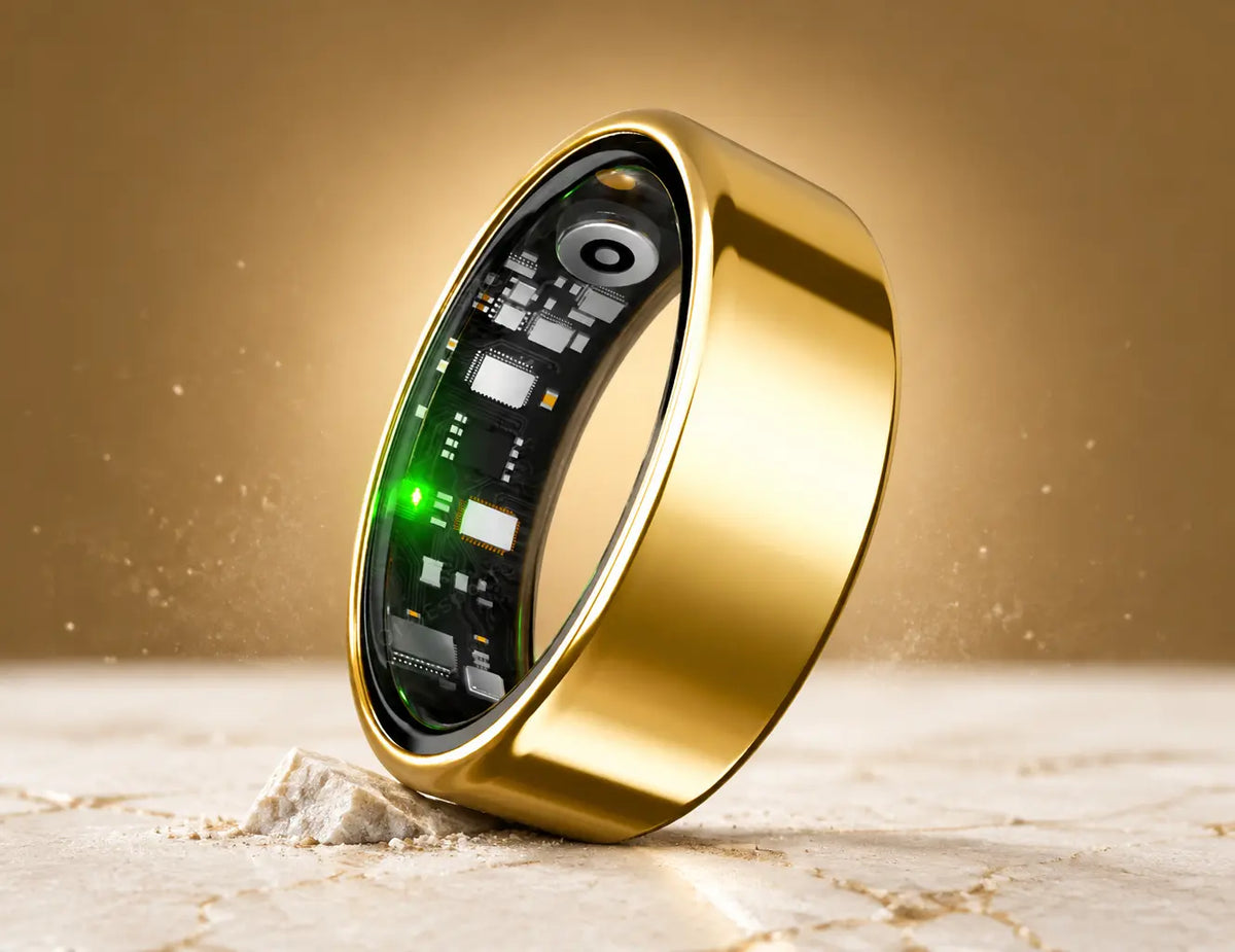 A studio photograph of the gold-finish Smart Ringl standing upright at its true wearable size, its s