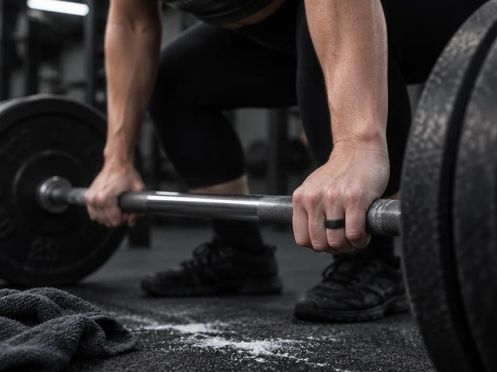 A close gym photograph cropped to the forearms and barbell of Cast B, a 29-year-old French woman wit